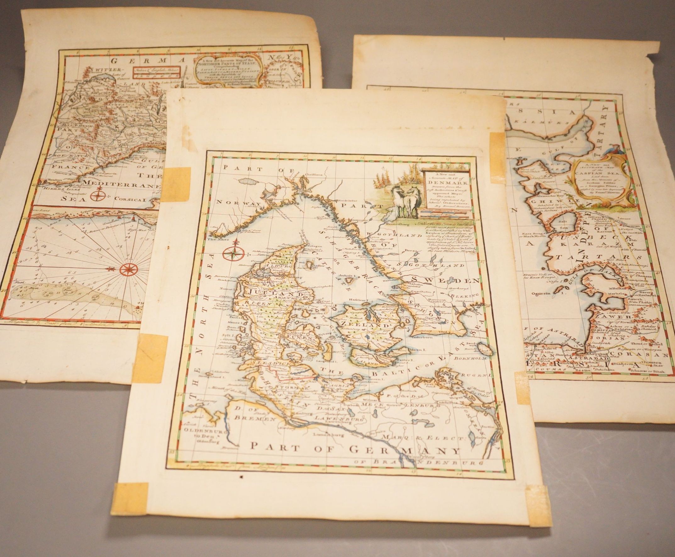 A group of 18th century unframed maps of Europe by Emanuel Bowen, Cassini etc. largest 45 cm X 60 cm